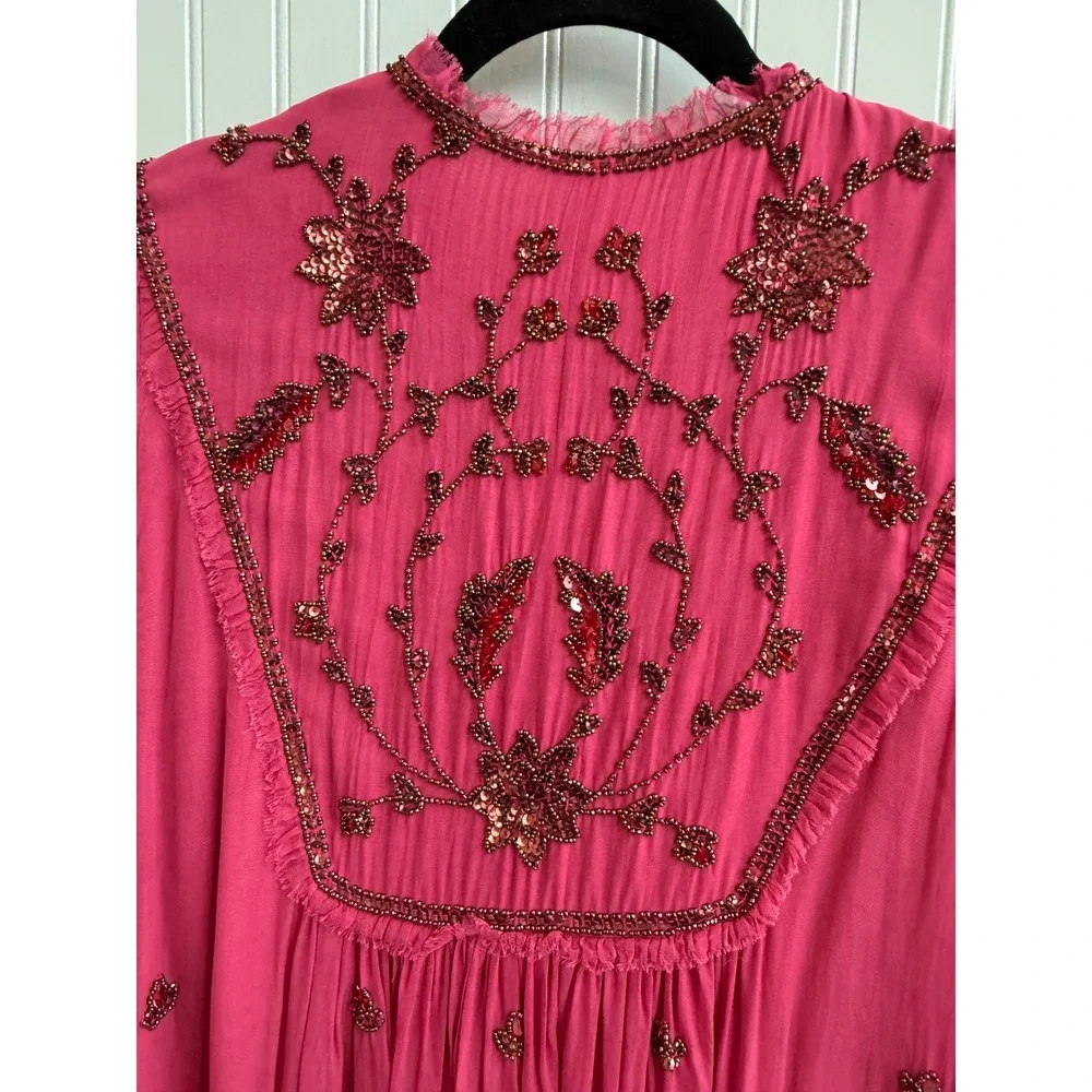 Free People Bali Golden Sun Embellished Beaded Mini Dress Festival Fairy Hippie